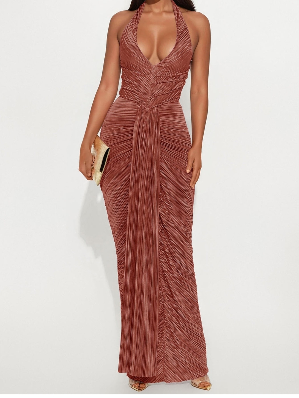 Fashion Rust pleated maxi dress with ruched detailing